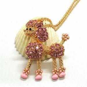 NEW Betsey Johnson Pink Poodle Necklace Pave Rhinestones Enamel Long Gold Chain